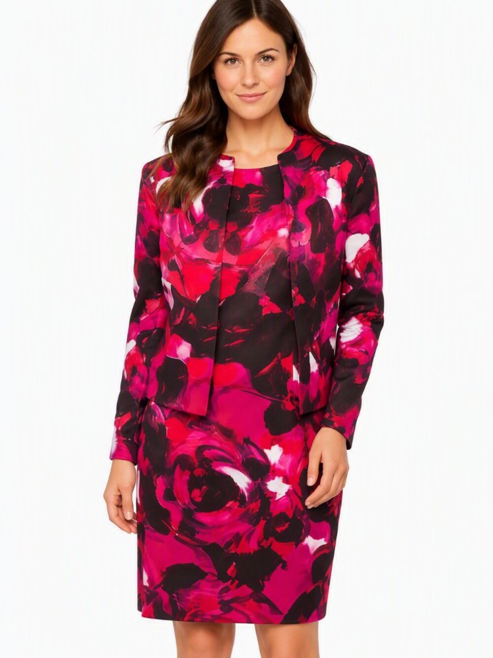Kasper Floral Dress & Jacket Set/Size 10/Bold Pink Black White/Career/Cocktail